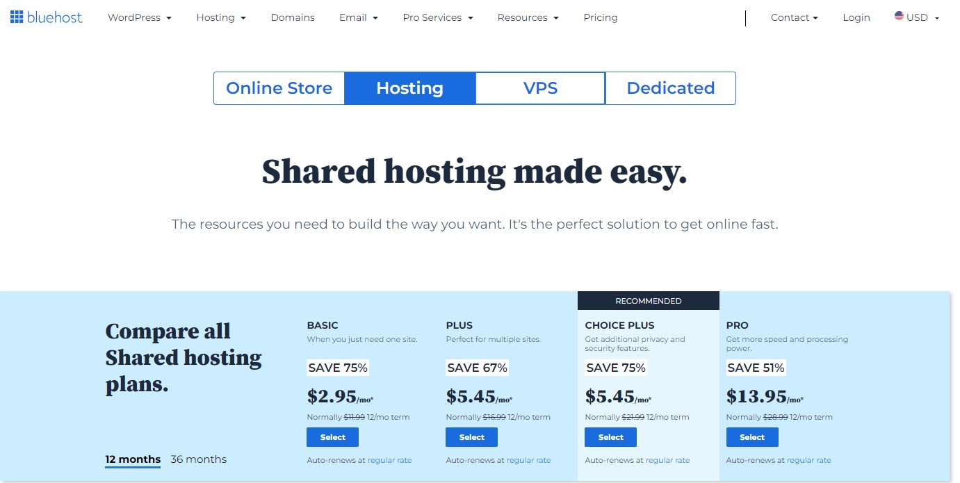 Bluehost Pricing