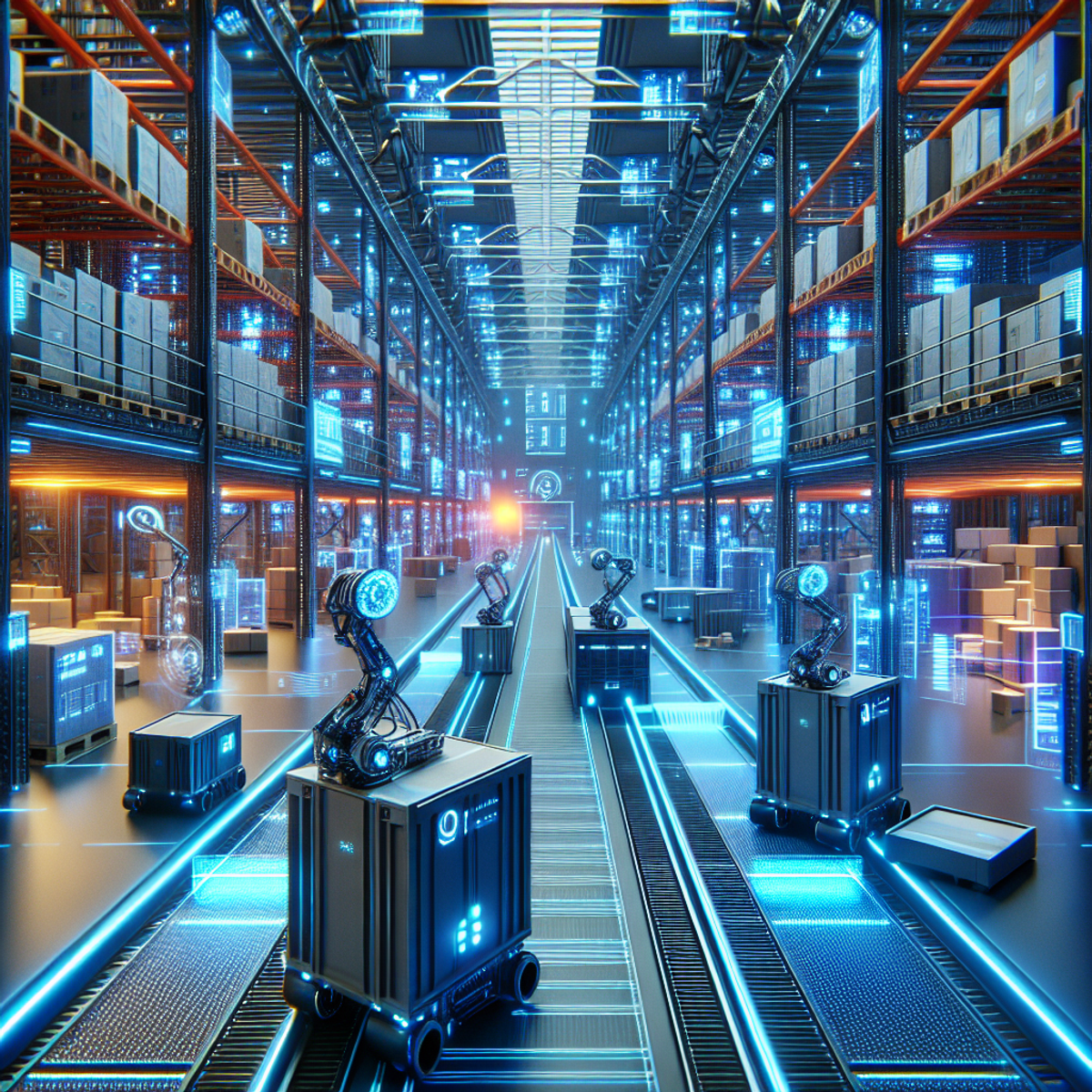 Futuristic warehouse with automated robots moving crates.