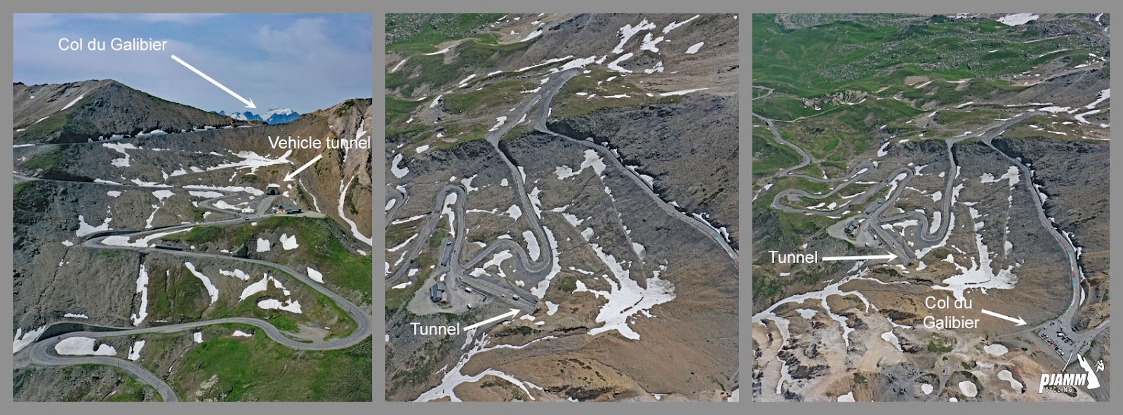 Cycling Col du Galibier from Valloire: photo collage shows final set of hairpin turns before climb finish, with Col du Galibier and vehicle tunnel pointed out
