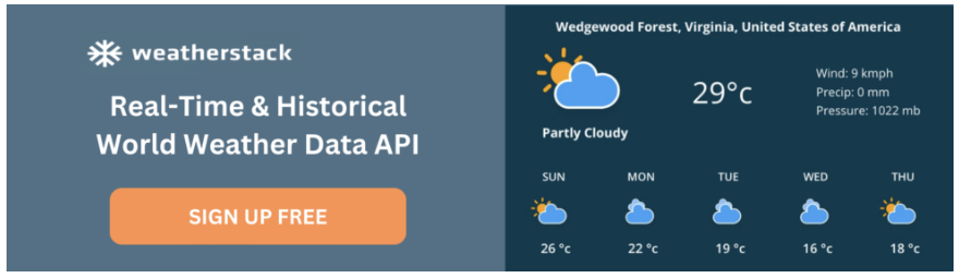 Weatherstack API stating real-time weekly weather insights 