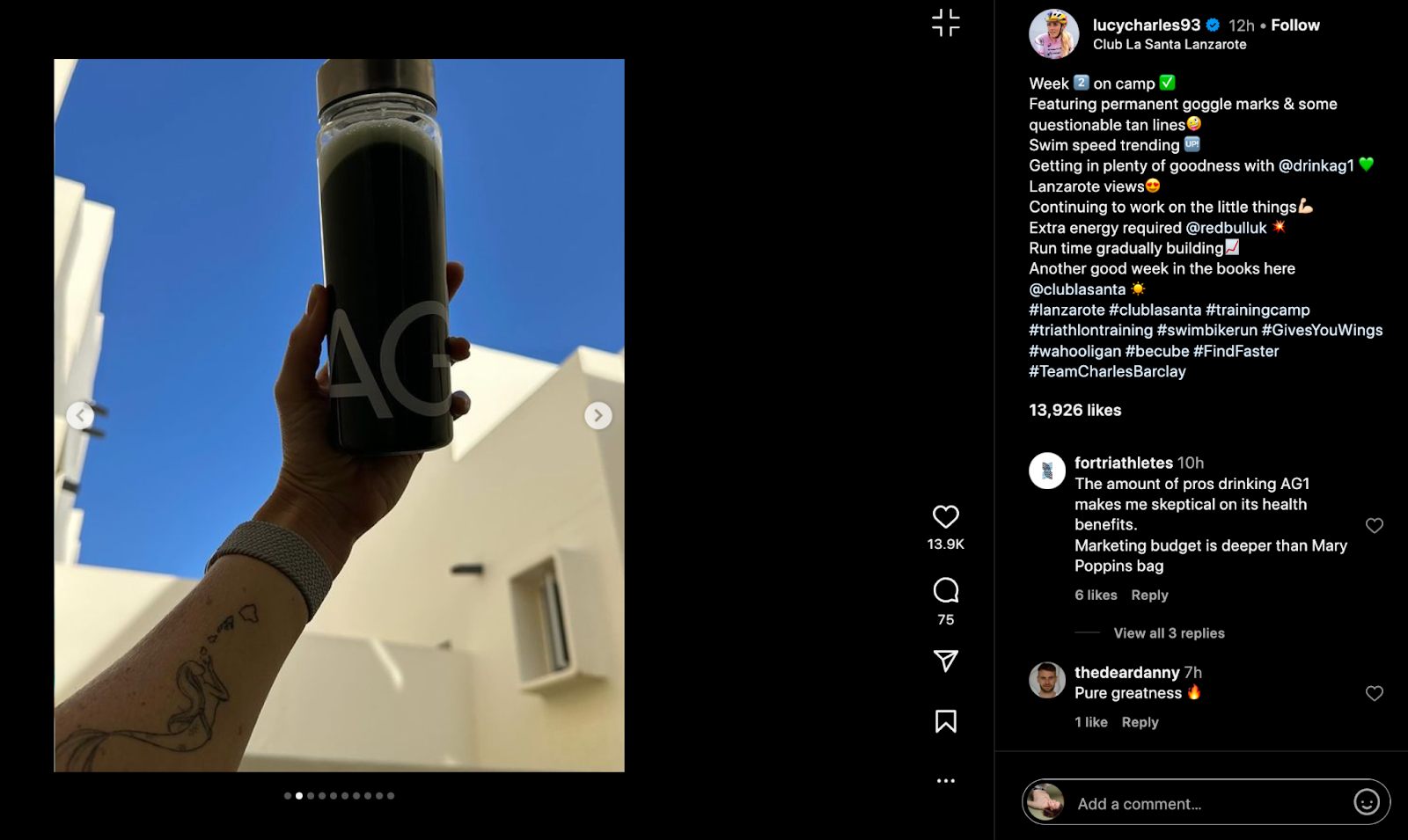 Screenshot of Instagram carousel featuring professional athlete holding up Athletic Greens supplement drink