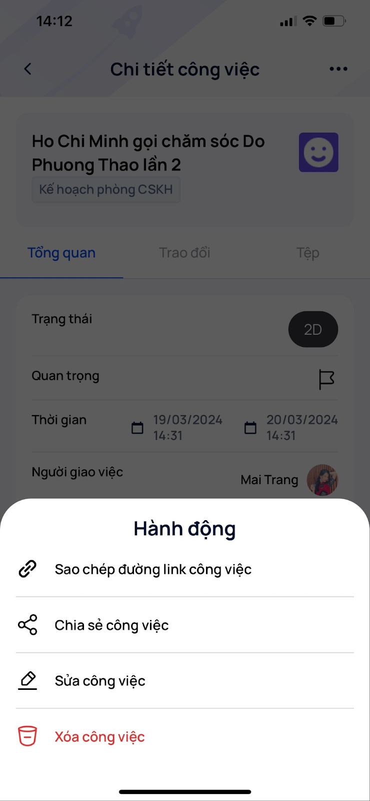 Chia sẻ link công việc trên mobile app