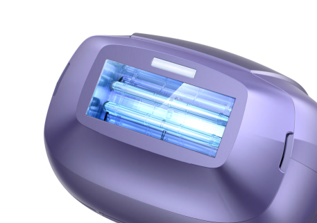 A purple uv lamp with a blue light

Description automatically generated
