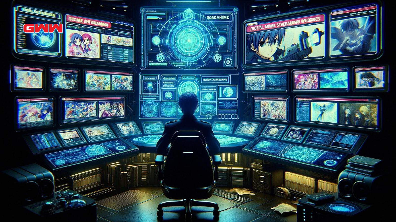 Control center with anime streaming site monitors