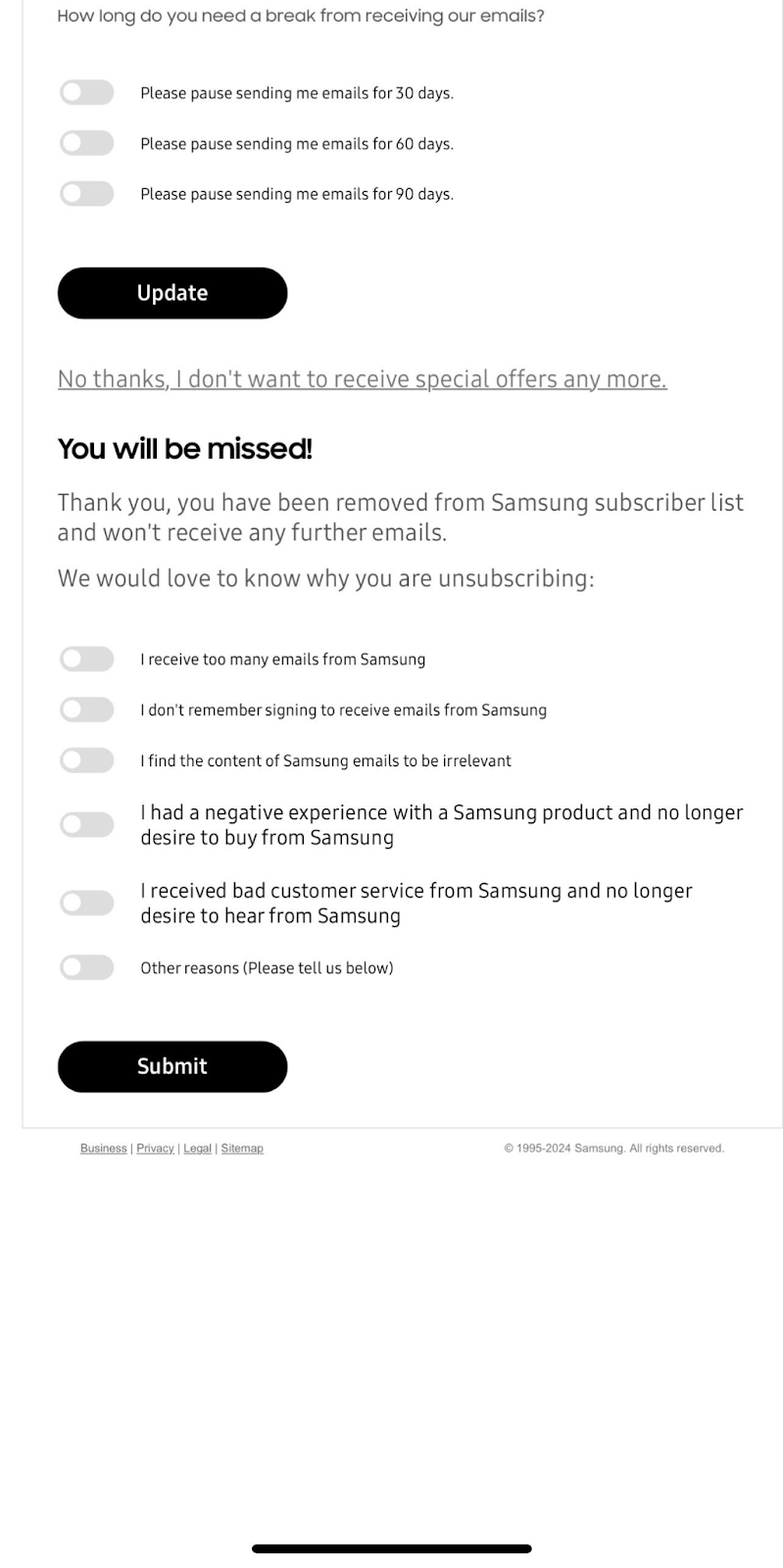 Screenshot of Samsung app survey for unsubscribed users