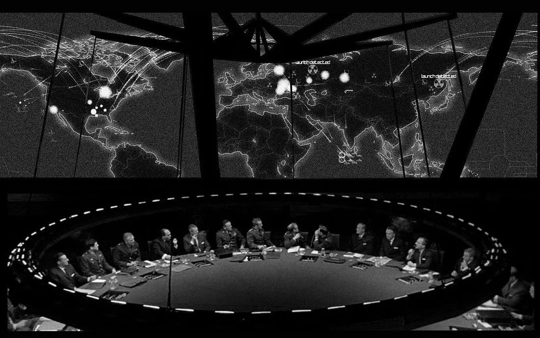 A Sala de Guerra da sátira militar de Stanley Kubrick, “Dr Strangelove”, 1964.