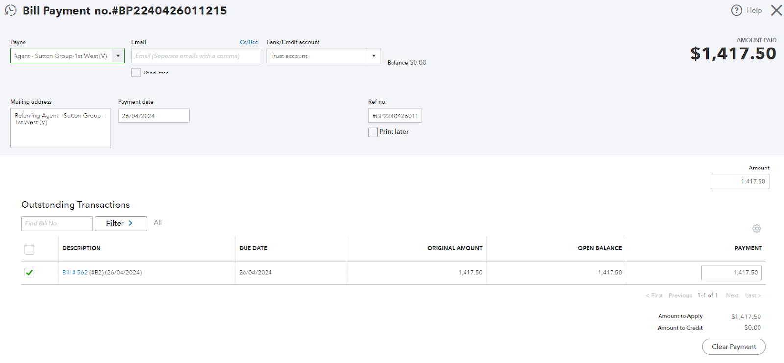 Referral Bill Payment from Referring Brokerage