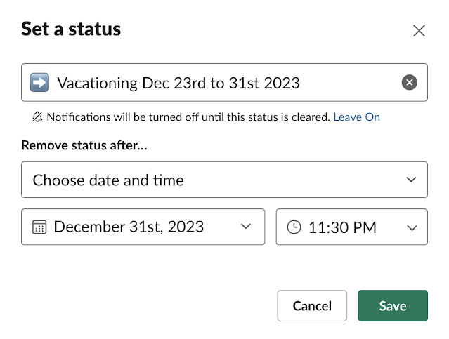 Slack status pre-vacation