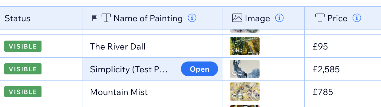 a screenshot of painting information in the Available Work collection data table