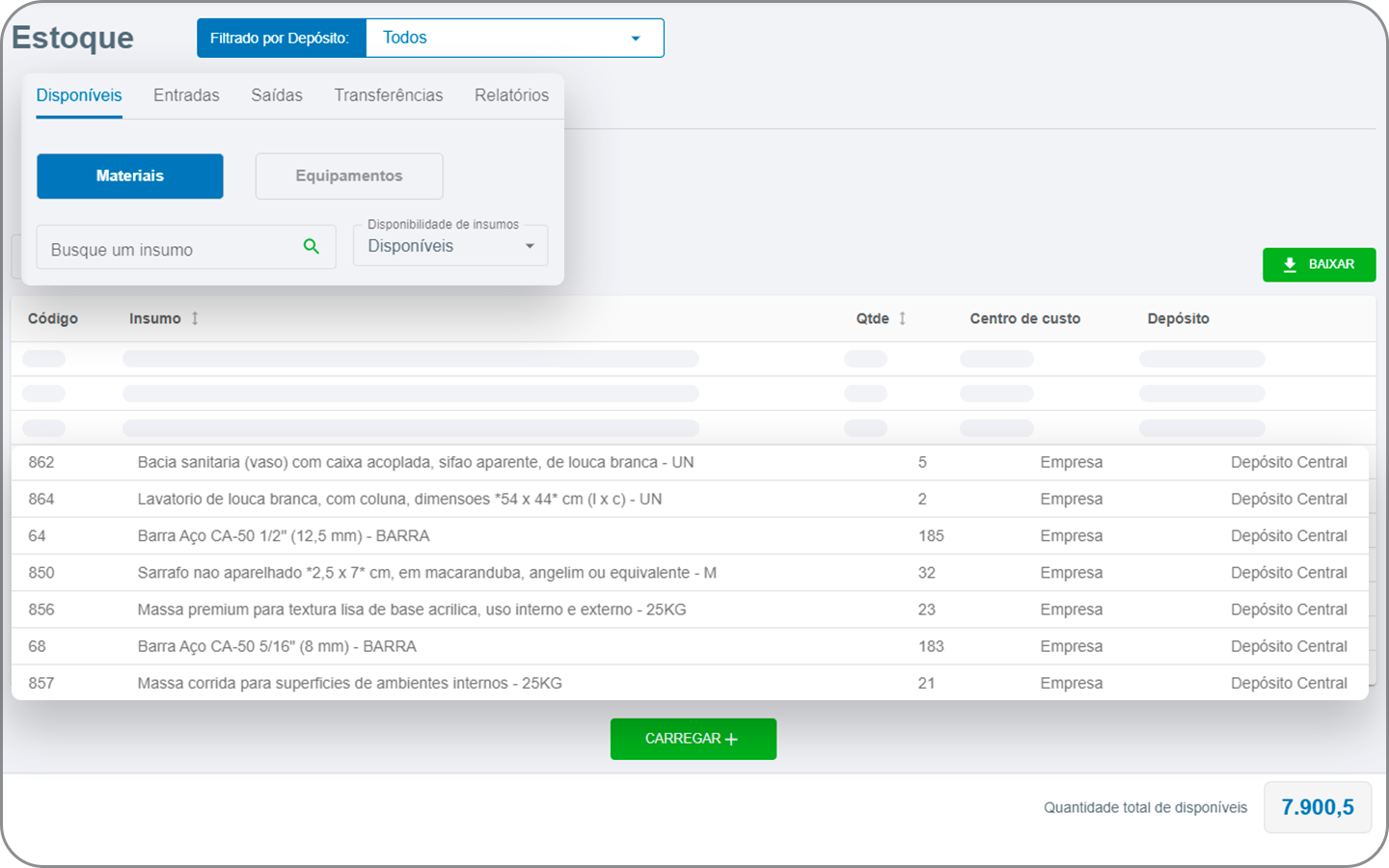 Módulo de estoque do software Mais Controle