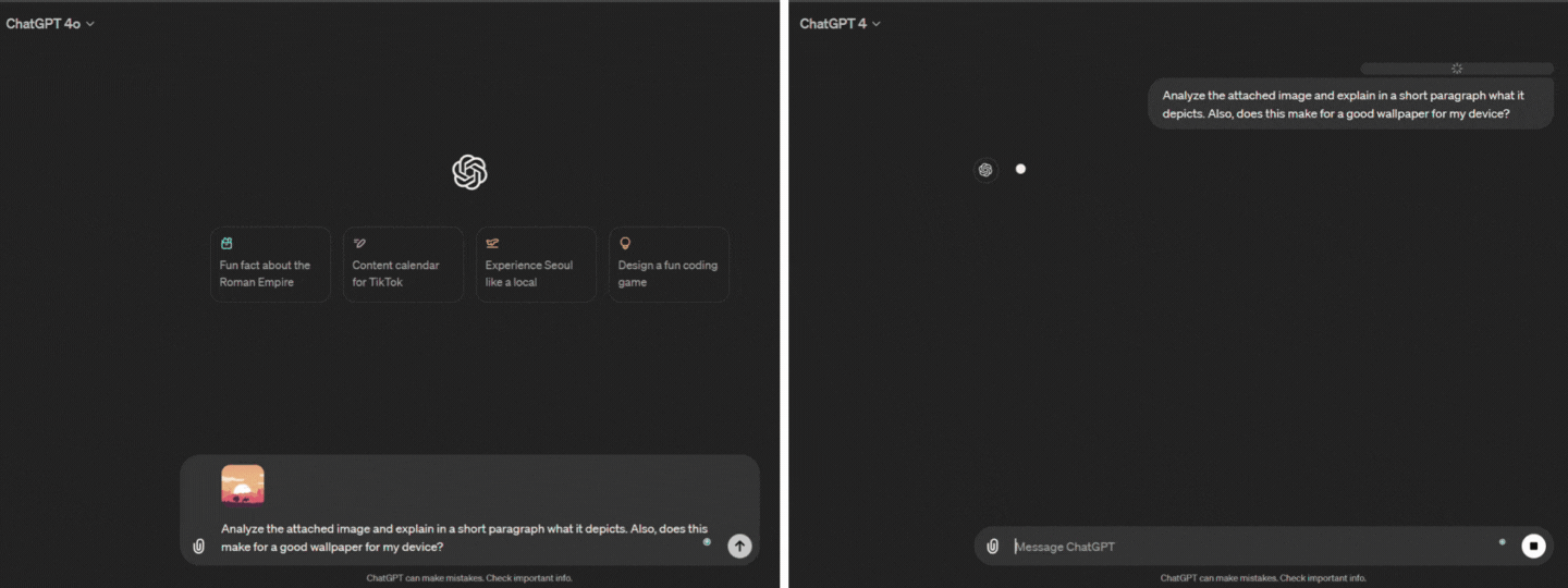 Side-by-side comparison of the text output produced by GPT-4o and GPT-4 based on a prompt with an image attached