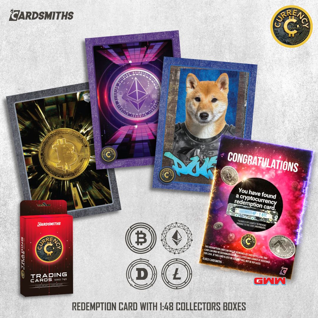 Cardsmiths Currency Series trading cards with cryptocurrency themes