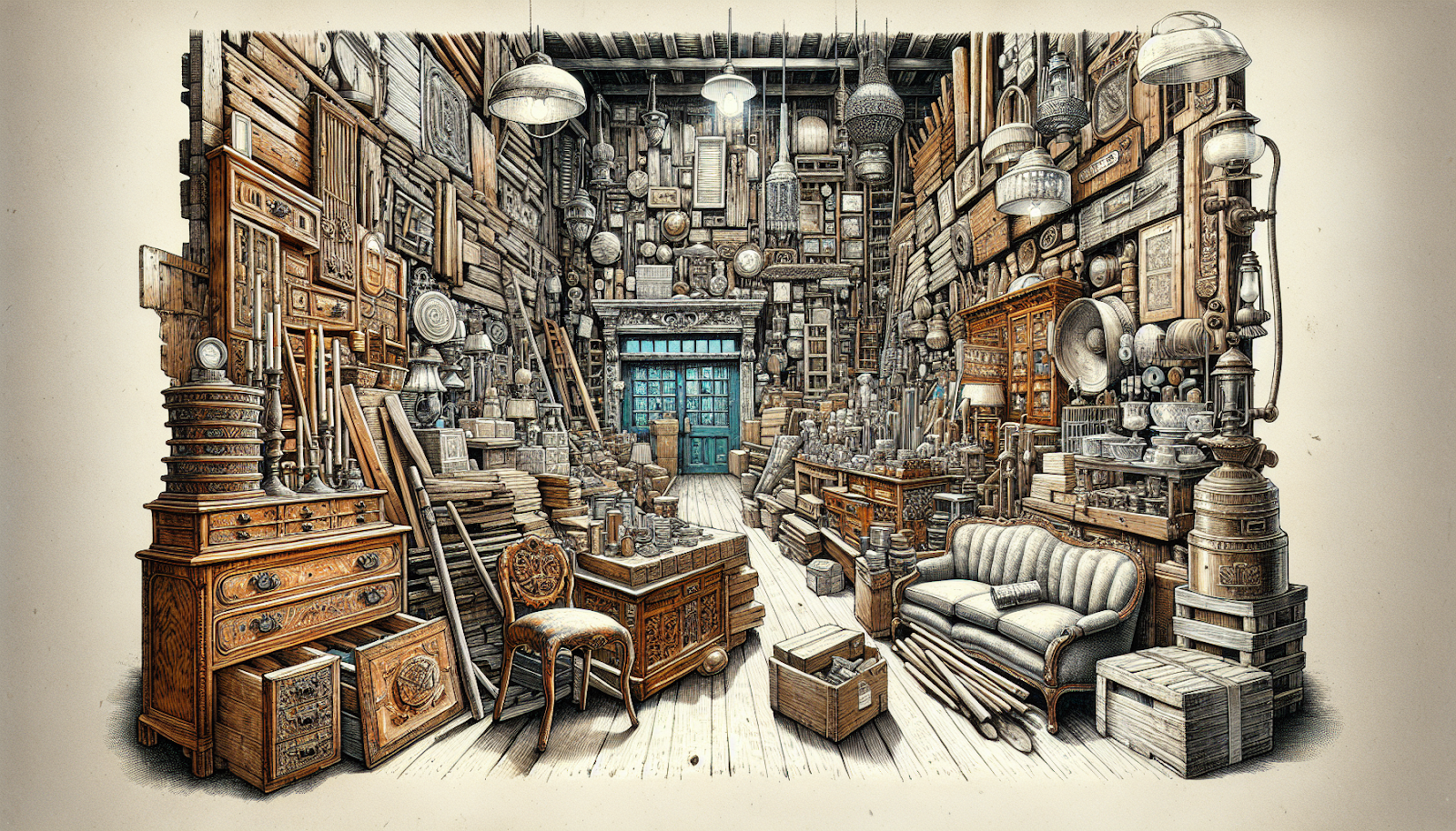 Illustration of a local salvage store with a variety of reclaimed materials