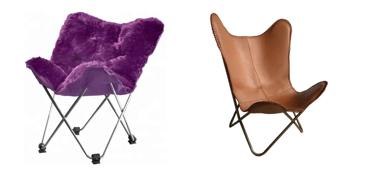 Purple faux fur and brown leather-padded butterfly saucer chairs