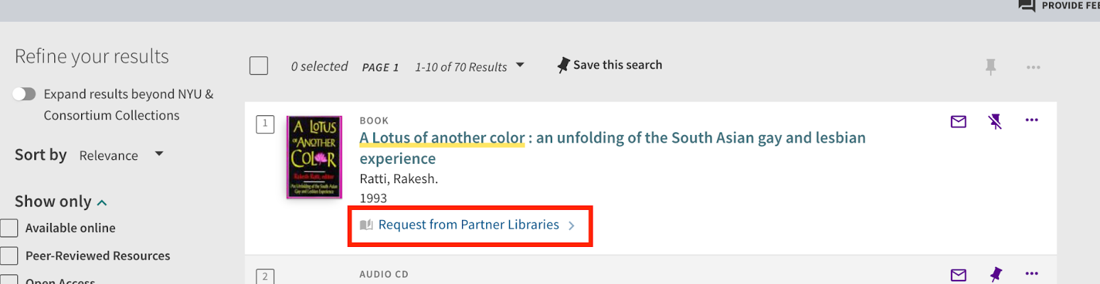 Brief result for the book "A Lotus of Another Color", which has the availability status "Request from Partner Libraries". Image has a red box highlighted around this status. 