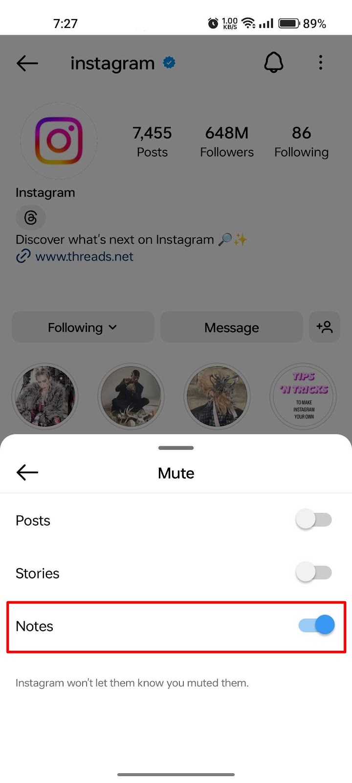 How to mute Instagram notes