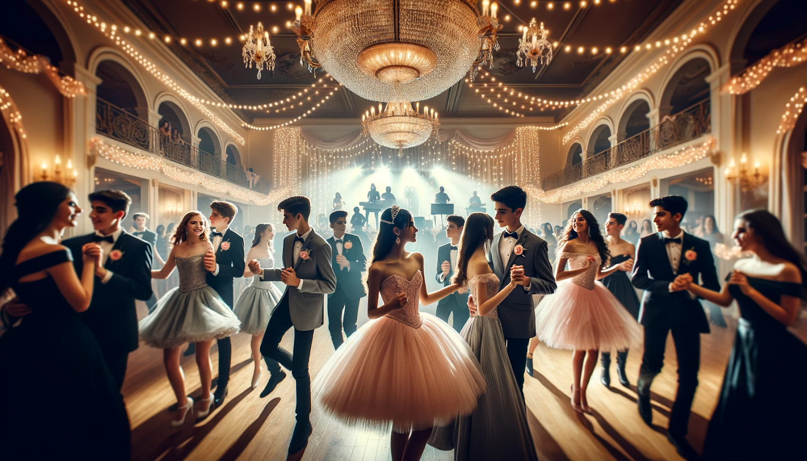 Photograph of a Quinceañera, a group of people dancing in a ballroom