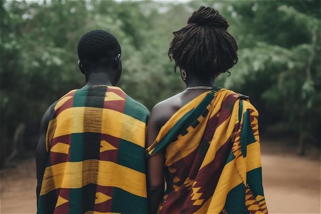 Premium Photo | Portrait of two young african couple in national clothes  standing back Generative AI