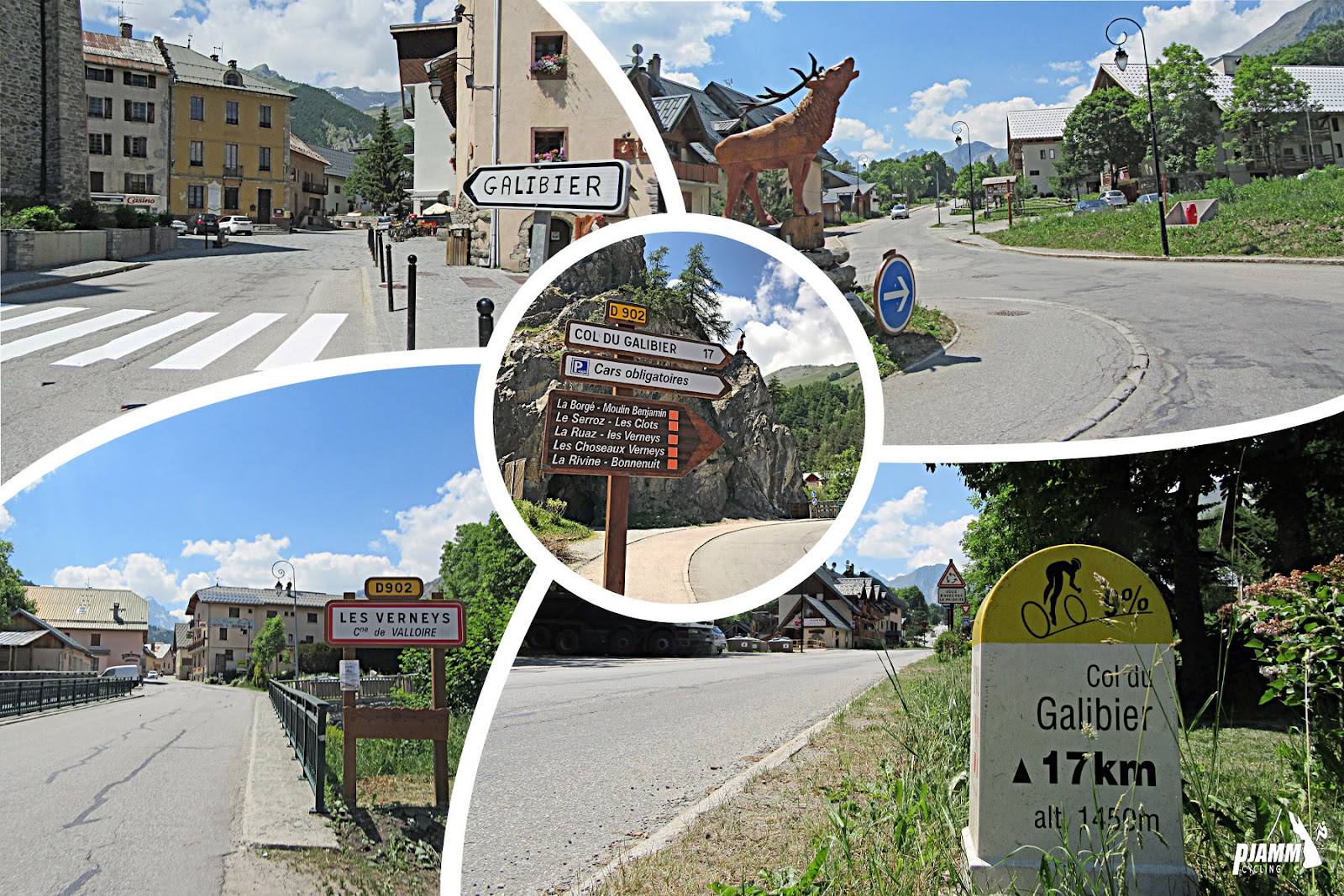 Cycling Col du Galibier from Valloire: photo collage, signs for Galibier, KM marker, large statue of elk