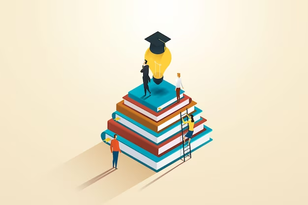 Graphic of a stack of books with a bulb on top with students trying to reach the top