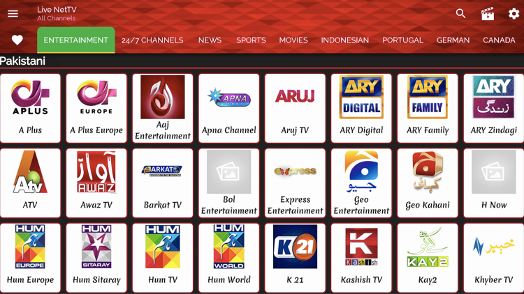 Live Net TV Benutzeroberfläche
