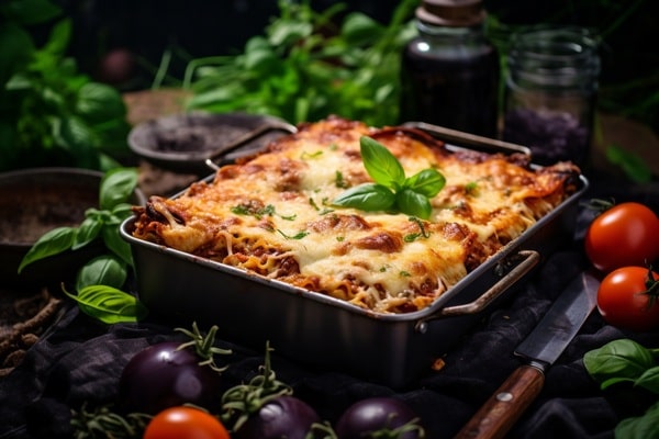 Eggplant lasagna served in a cast iron dish with Indian eggplants and tomatoes arranged on the side