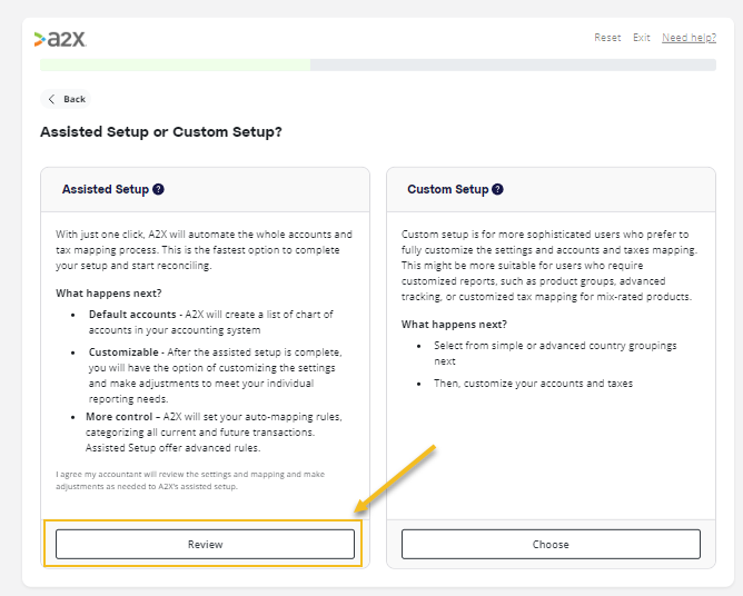 A2X VAT setup questionnaire for Amazon seller with NO VAT registration – choose A2X's Assisted VAT Setup.