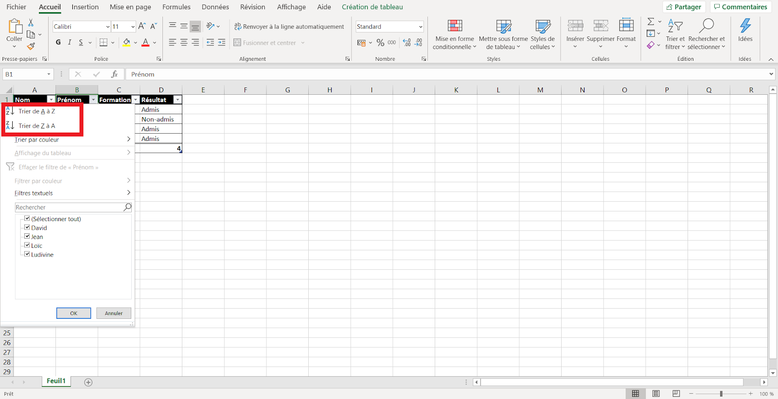 comment trier des colonnes sur Excel