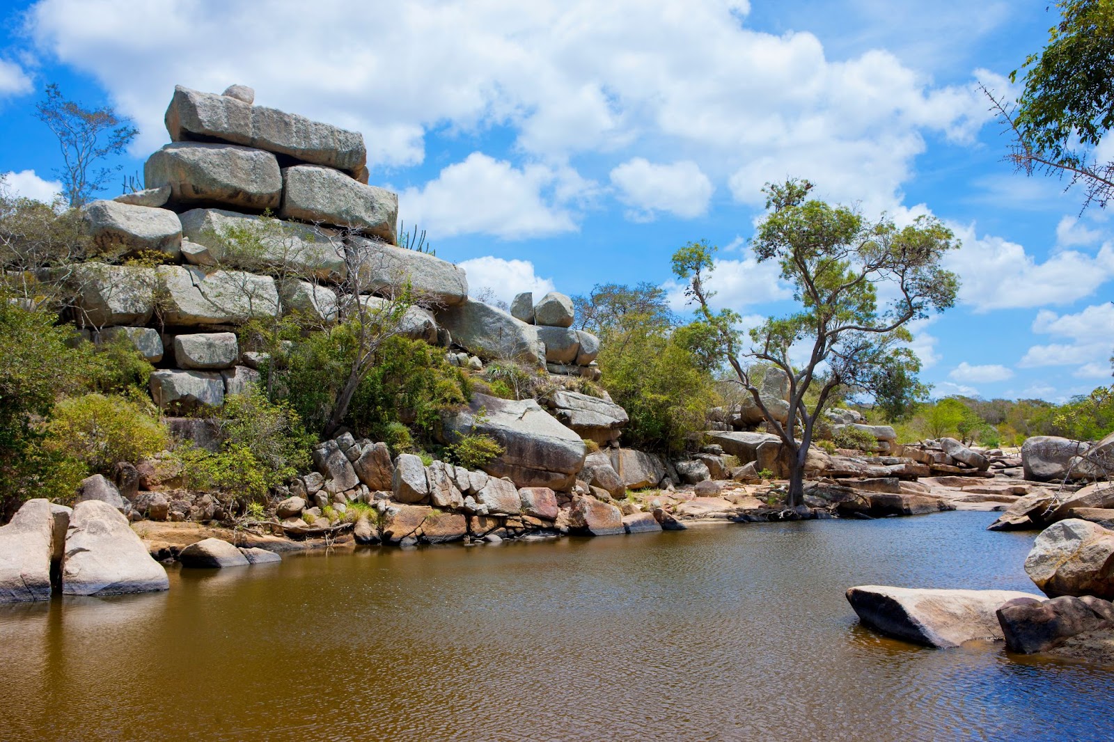 Lago de águas barrentas rodeado por rochas cinzentas que se empilham junto das margens. As pedras lisas dividem espaço com a vegetação verde, retorcida e baixa característica de Cabaceiras, PB