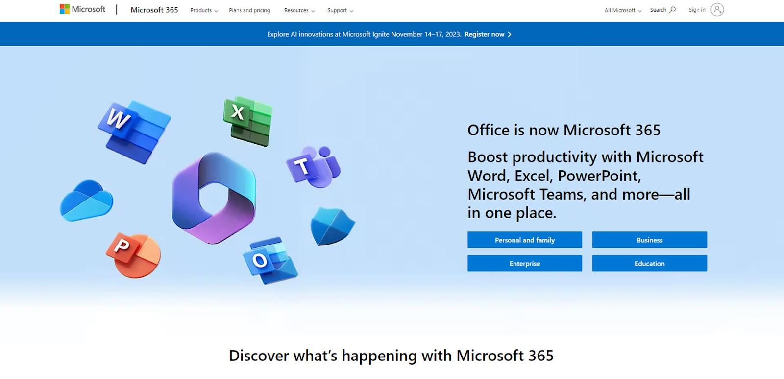 Screenshot of microsoft office 365 home page.