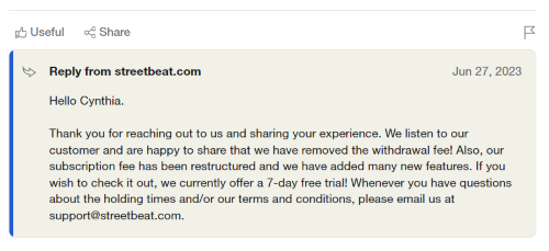Streetbeat responding to a negative review about withdrawal fees by saying they have removed the withdrawal fee. 