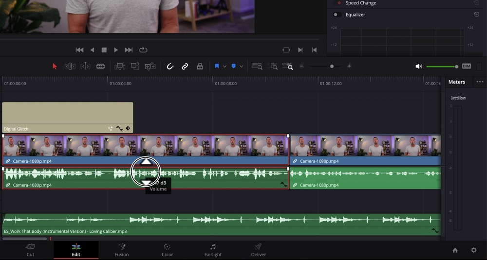 Audio tracks with waveforms visible in DaVinci Resolve 18 editing timeline