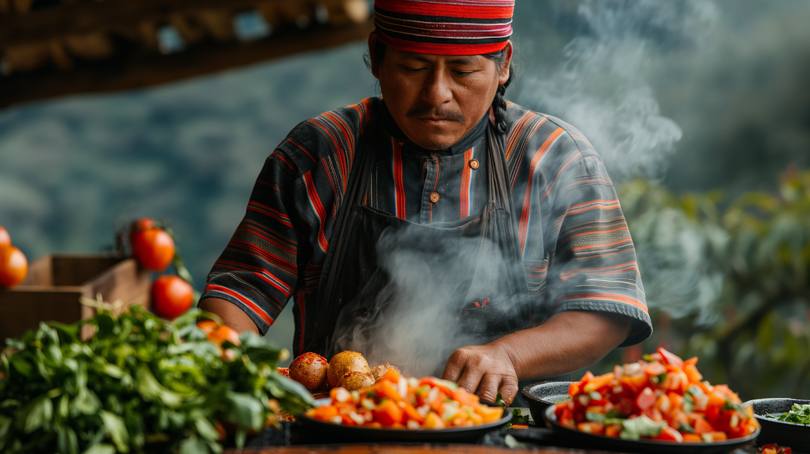 A chef in Aguas Calientes skillfully preparing a traditional Peruvian dish using fresh local ingredients