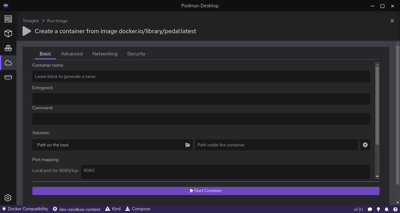 Podman Desktop Create a container page with fields for container name, entrypoint, command, volumes, and port mapping, plus a Start Container button.