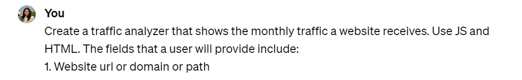 Image of ChatGPT Prompt for writing a code for creating a traffic analyzer tool.