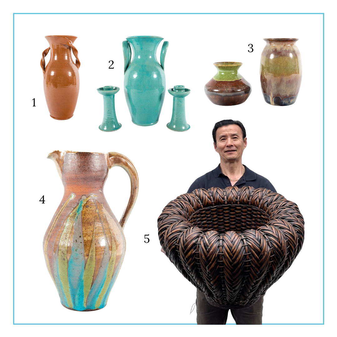 Kenneth George [Cole’s Pottery - Sanford, NC] Glazed Redware VaseKenneth George & Neolia Cole [Cole’s Pottery - Sanford, NC] Vase and Candlestick HoldersJoe Foster (Seagrove, NC) Studio Pottery VasesKen Sedberry (American, B.1948) Glazed Studio Pottery Jug VaseLarge and Fabulous Woven Planter