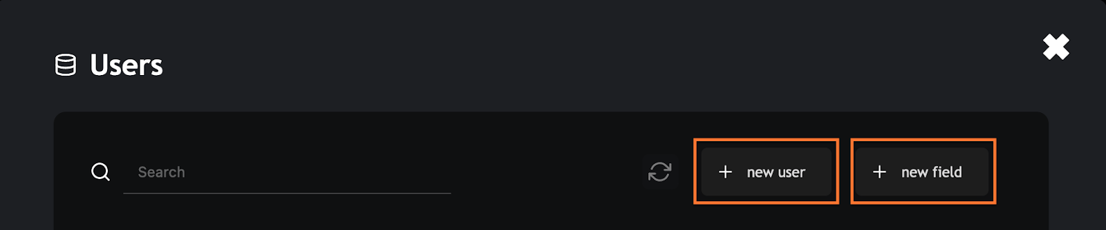 Overview of a Users data collection pop-up menu, with the buttons ‘new user’ and ‘new field’ highlighted.