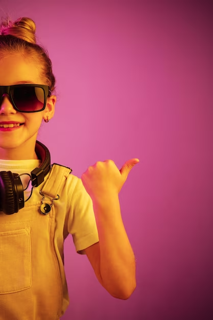 A Cool Girl in Yellow Dress With Headphones and Glasses On Pointing Towards Something With Thumb