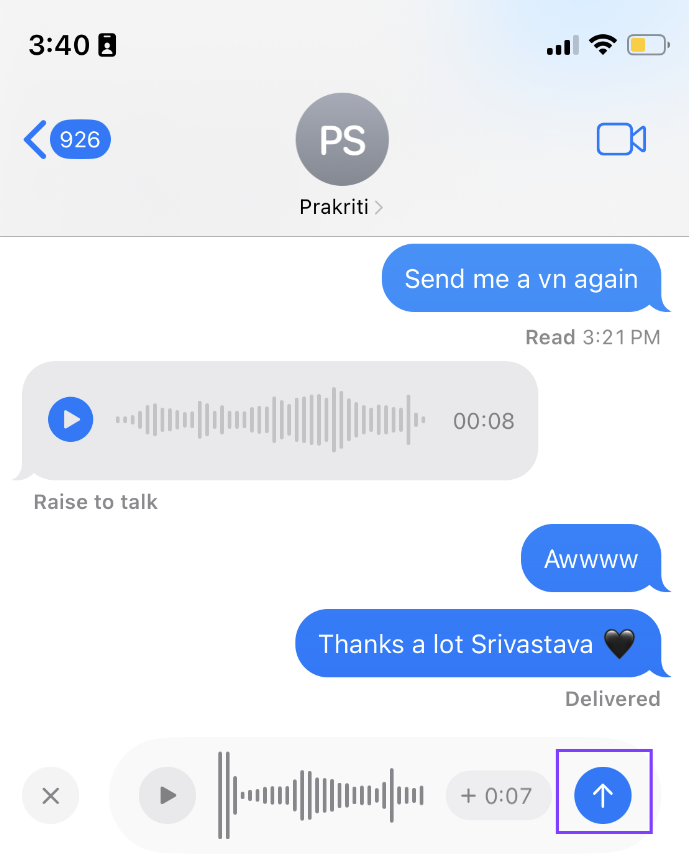Tap the up arrow to send voice message on iPhone