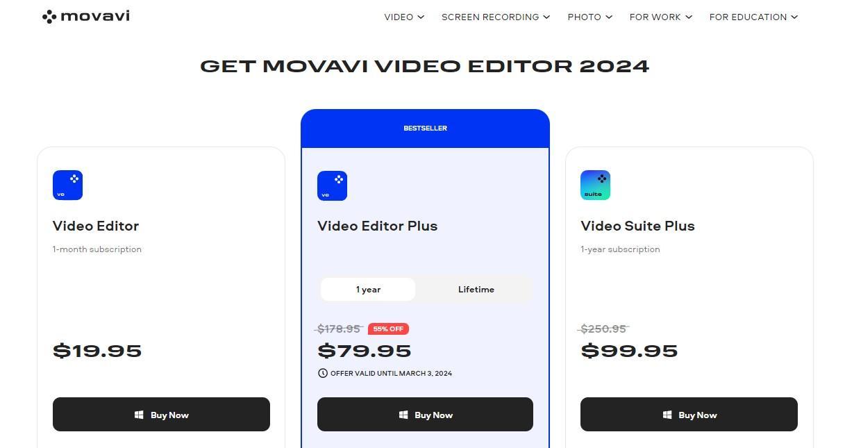 A screenshot of Movavi's pricing plans