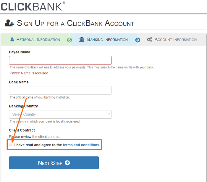 ClickBank account network signup step 3