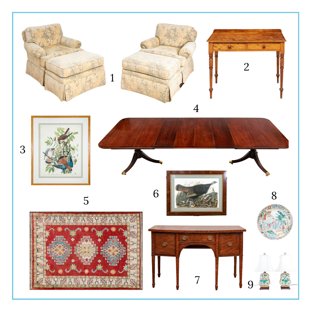 Cameron's curation includes a pair of club chairs, an antique desk, a colored print, a dining table, a wool carpet, 