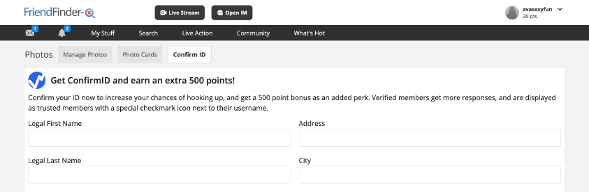 Get confirmed and earn extra 500 points section on friendfinderx.