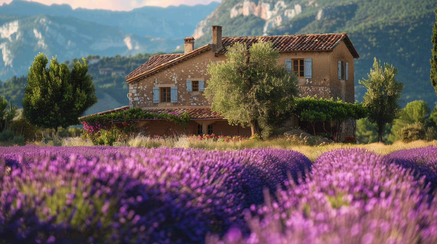 Amidst the aromatic lavender fields of Provence, a traveler finds solace and joy, with a quaint mountain chalet providing a picturesque backdrop.