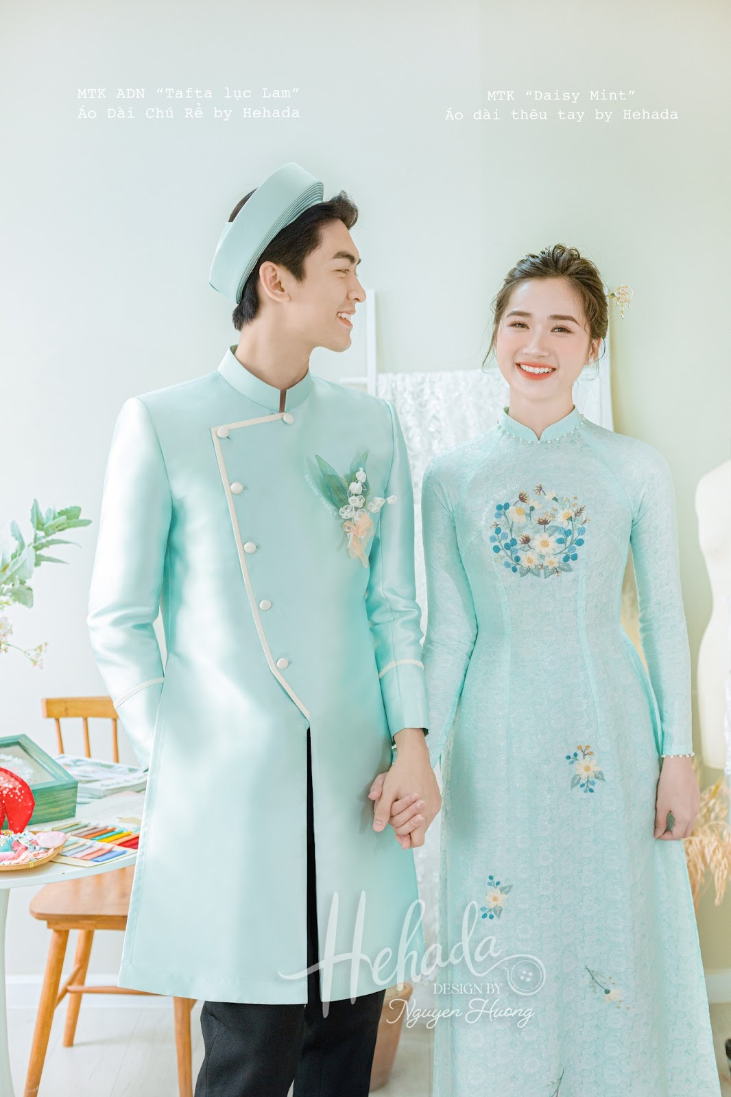 Couple áo dài cô dâu chú rể Daisy Mint 2