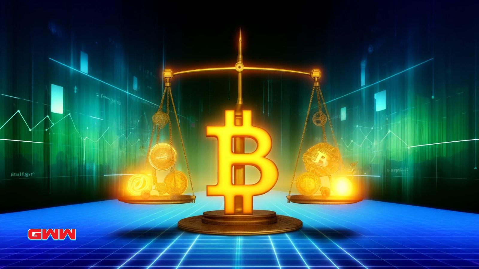 Digital scale balancing Bitcoin and financial symbols