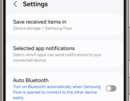 Samsung Flow settings menu