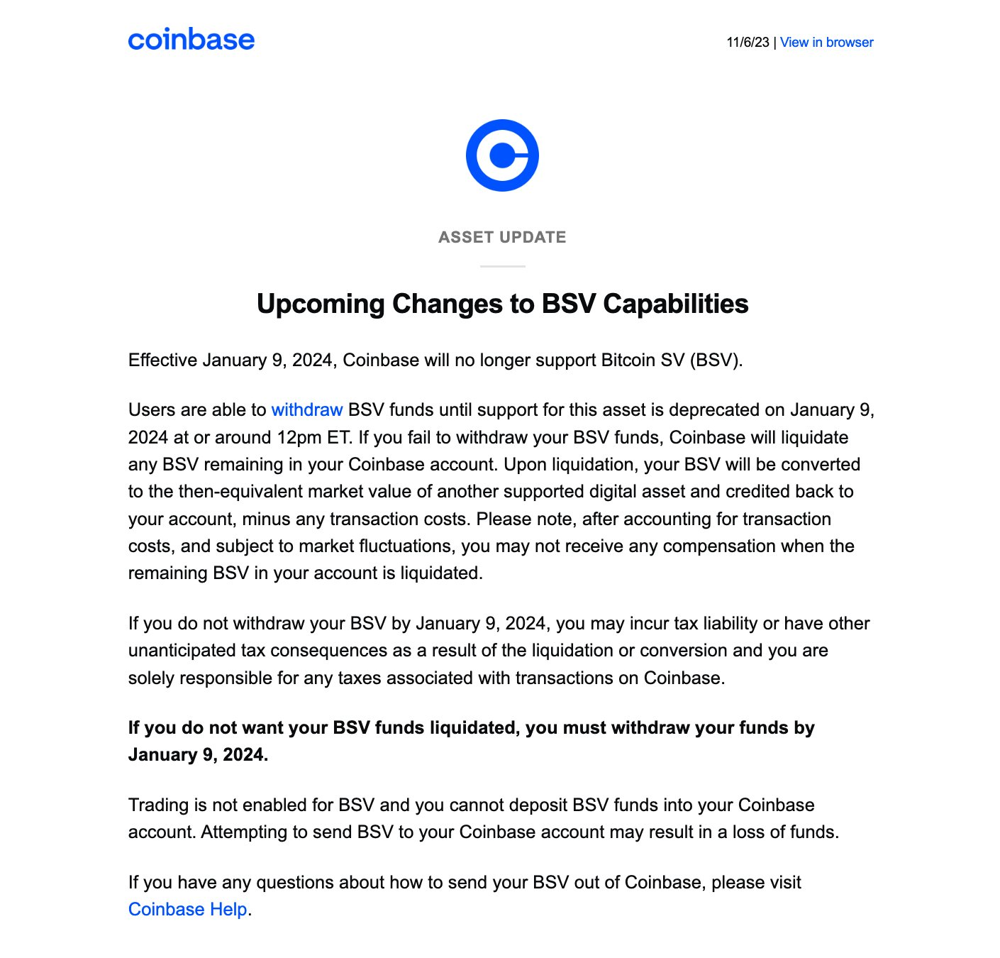 Source: Email from Coinbase