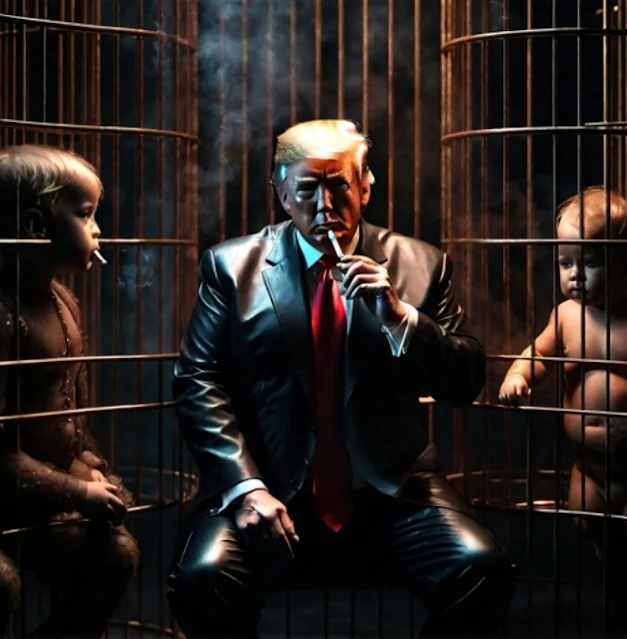 Donald Trump pouting inside a cage smoking in leather with children