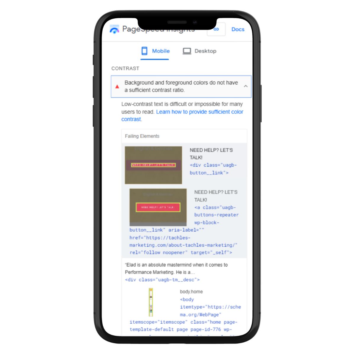 Contrast analysis on Google's PageSpeed Insights